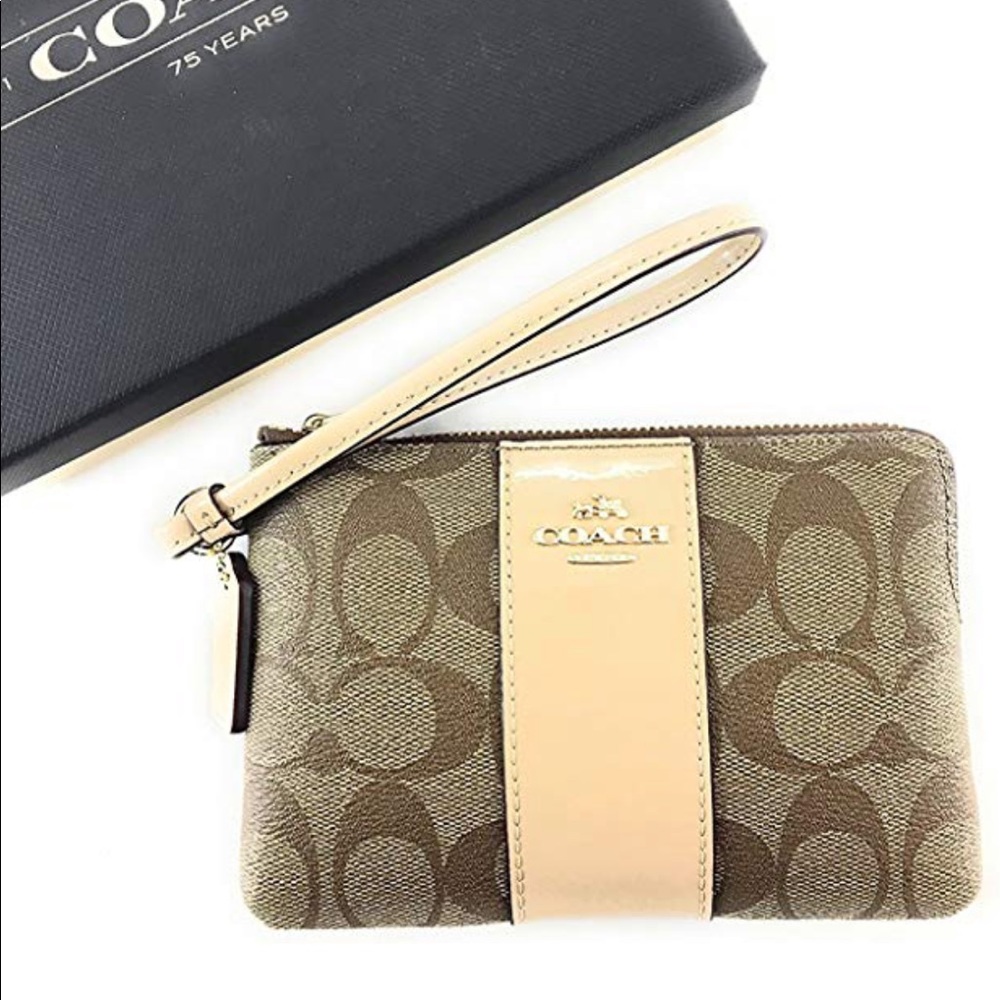 Signature Leather Khaki/Gold Corner Zip Wristlet